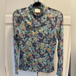 Anthropologie Maeve Blue Floral Mesh Turtle Neck Long Sleeve